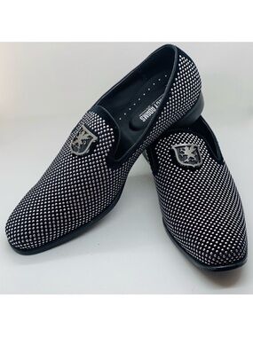 Black Studded Men's Slip-On Loafers with Crest Accent and studs